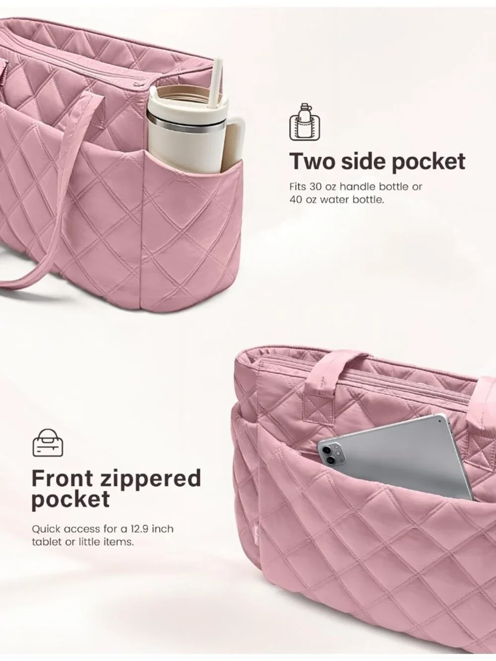 👜Women's Mauve Pink Puffer Tote Bags Lightweight Quilted Work For Travel